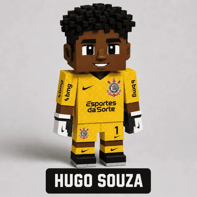 Boneco de papercraft de Hugo Souza em estilo voxel